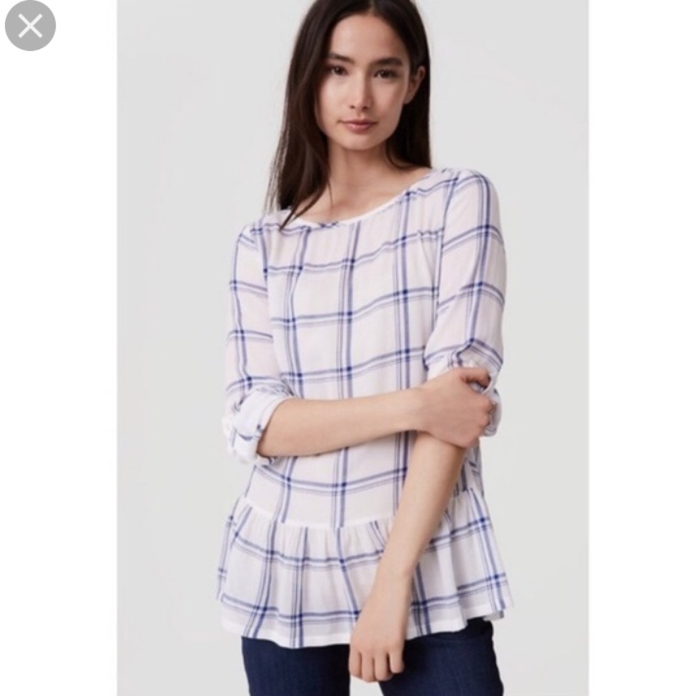 Loft blue white windowpane peplum blouse XS